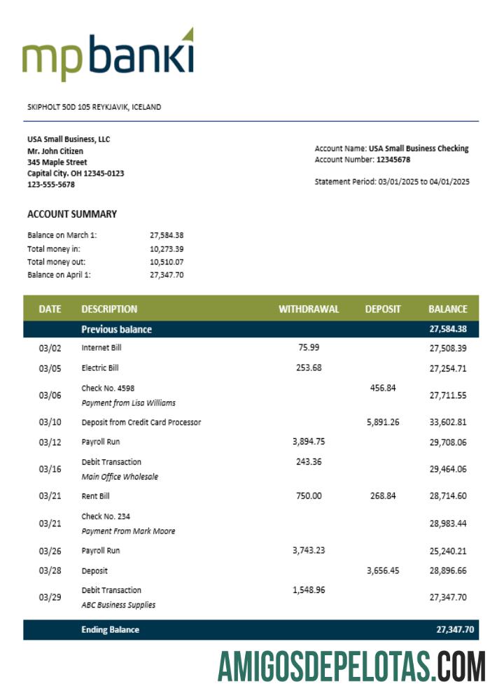 Baixável MP Firm modelo de extrato de conta Word e PDF